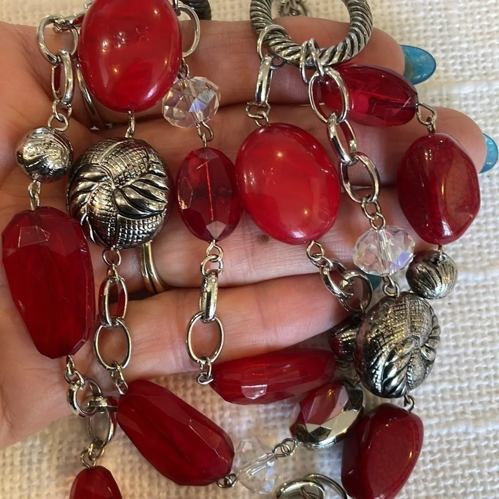 💐5/25 triple strand red silver tone necklace open oval textured links